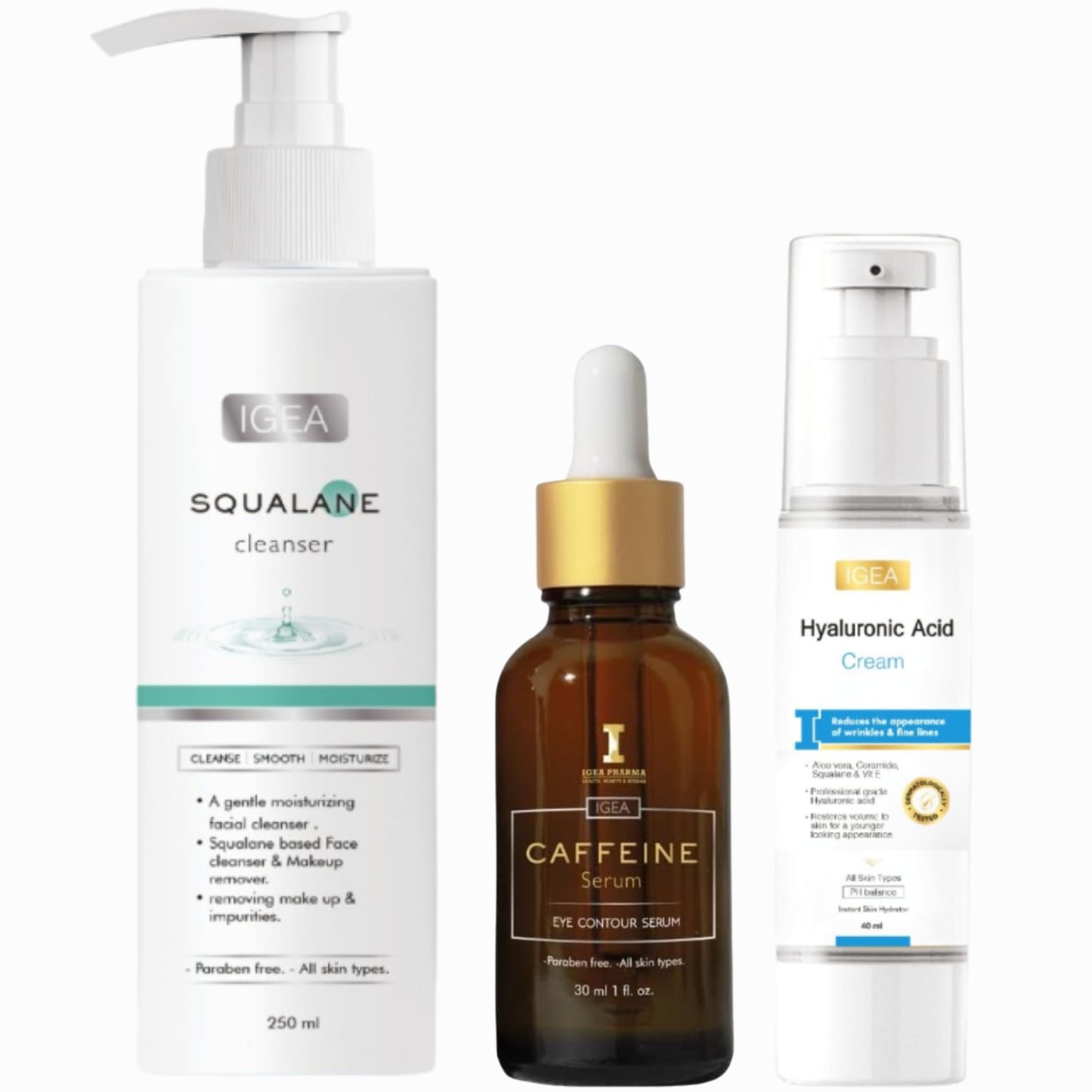 Igea Hyaluronic Acid Cream (40ml) & Squalane Cleanser (250ml) and Caffeine Eye Serum (30 ml) With Green tea & Hyaluronic acid - Dark circles & Deep hydration - Gentle Facial Cleanser