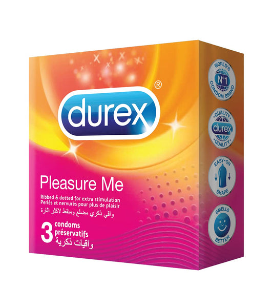 Durex Pleasure Me Condom Pack of 3, easy on, ribbed and dotted for extra stimulation