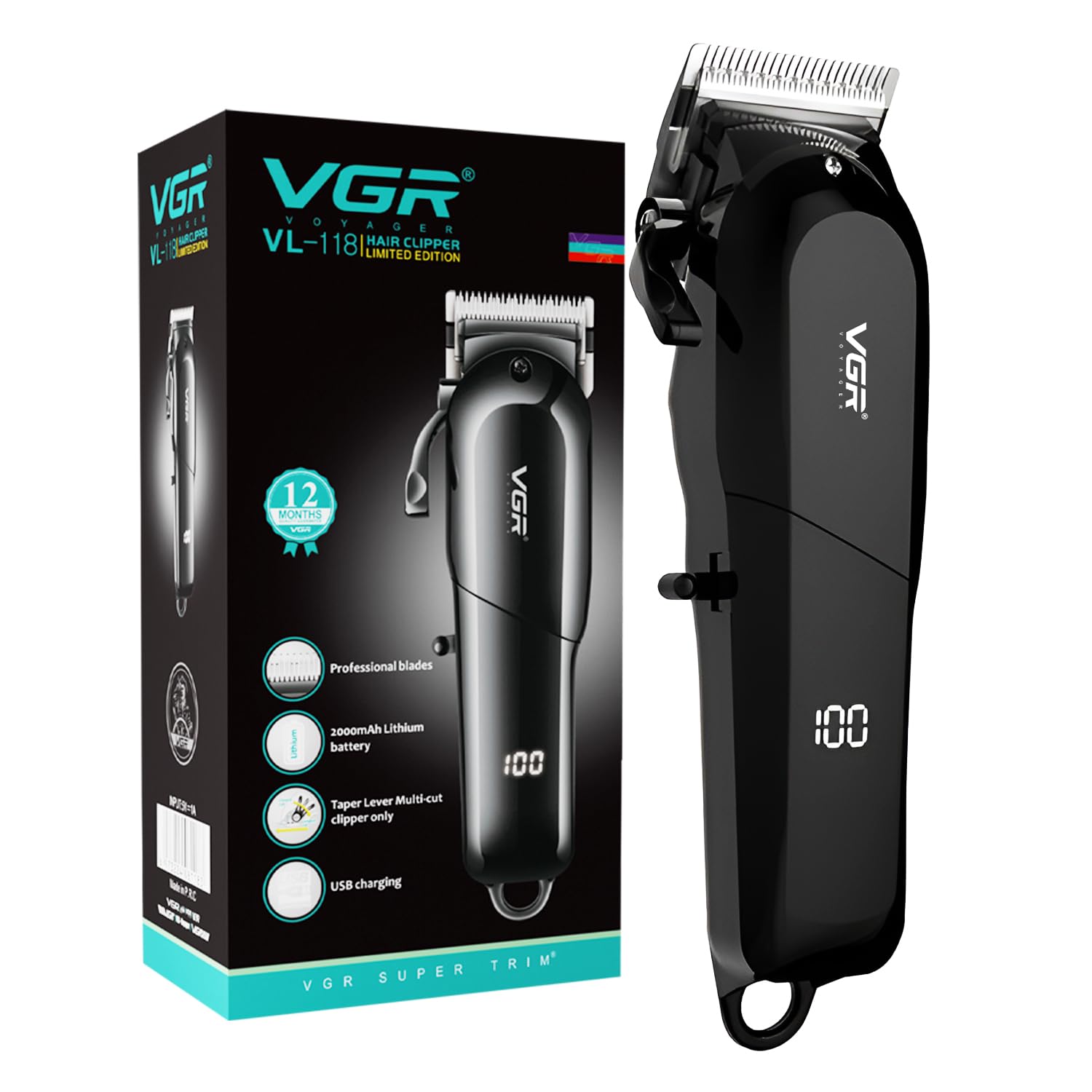 VGR V-118 Professional Corded & Cordless Hair Clipper with LED Display 6 Length Settings | 200 min Runtime (Black)