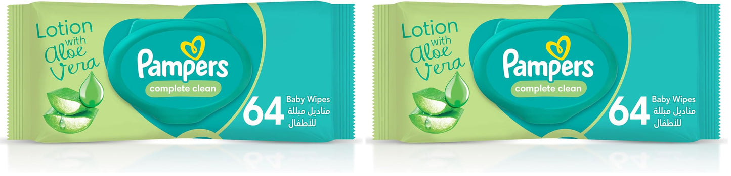 Pampers complete clean baby wipes, with 0% alcohol, 64 wipe count (Pack of 2)