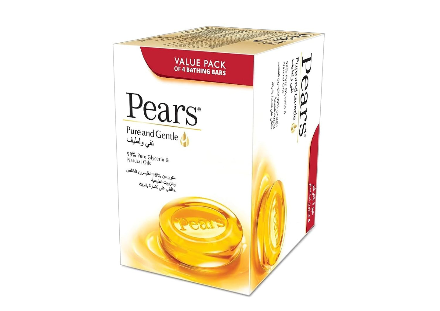 Pears Pure & Gentle Bar Soap with 100% Natural Ingredients & Glycerin for Soft & Glowing Skin, Paraben-Free Moisturising Soap With Mild Fragrance, Dermatologically Tested & Eco-Friendly (Pack of 4)