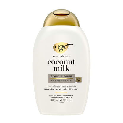 OGX Nourishing Coconut Milk Conditioner, 385 ml, Strengthens & Hydrates, Increases Elasticity, pH Balanced Formula, Sulfate & Paraben Free