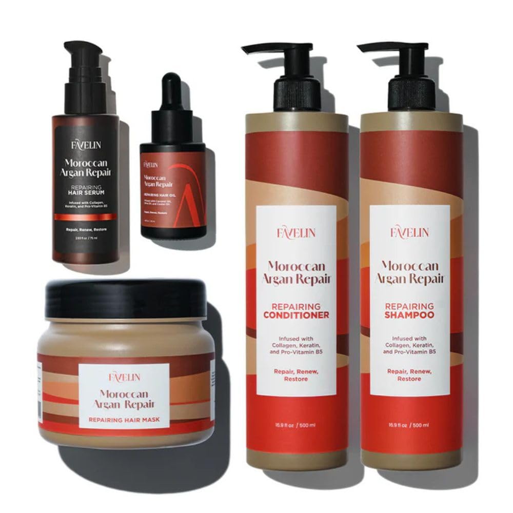 Favelin Argan Repair Deluxe Set 500 ml | Shampoo 500 ml + Conditioner 500 ml + Mask 500 ml + Serum 75 ml + Hair Oil 35 ml | With Argan Oil & Collagen | Ultimate Care for Damaged Hair