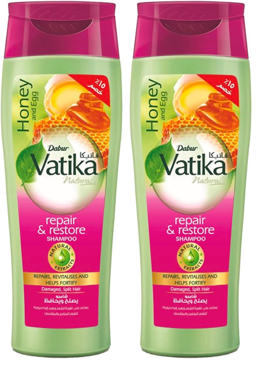 Vatika Naturals Repair & Restore Shampoo 180 ml | Honey & Egg with Natural Extracts | Repairs & Revitalizes Damaged and Split Hair Package May Vary (Pack of 2)