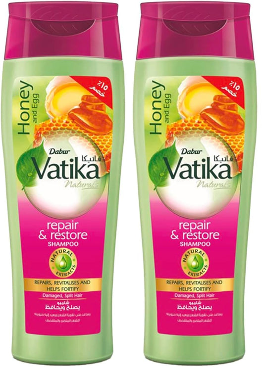 Vatika Naturals Repair & Restore Shampoo 180 ml | Honey & Egg with Natural Extracts | Repairs & Revitalizes Damaged and Split Hair Package May Vary (Pack of 2)