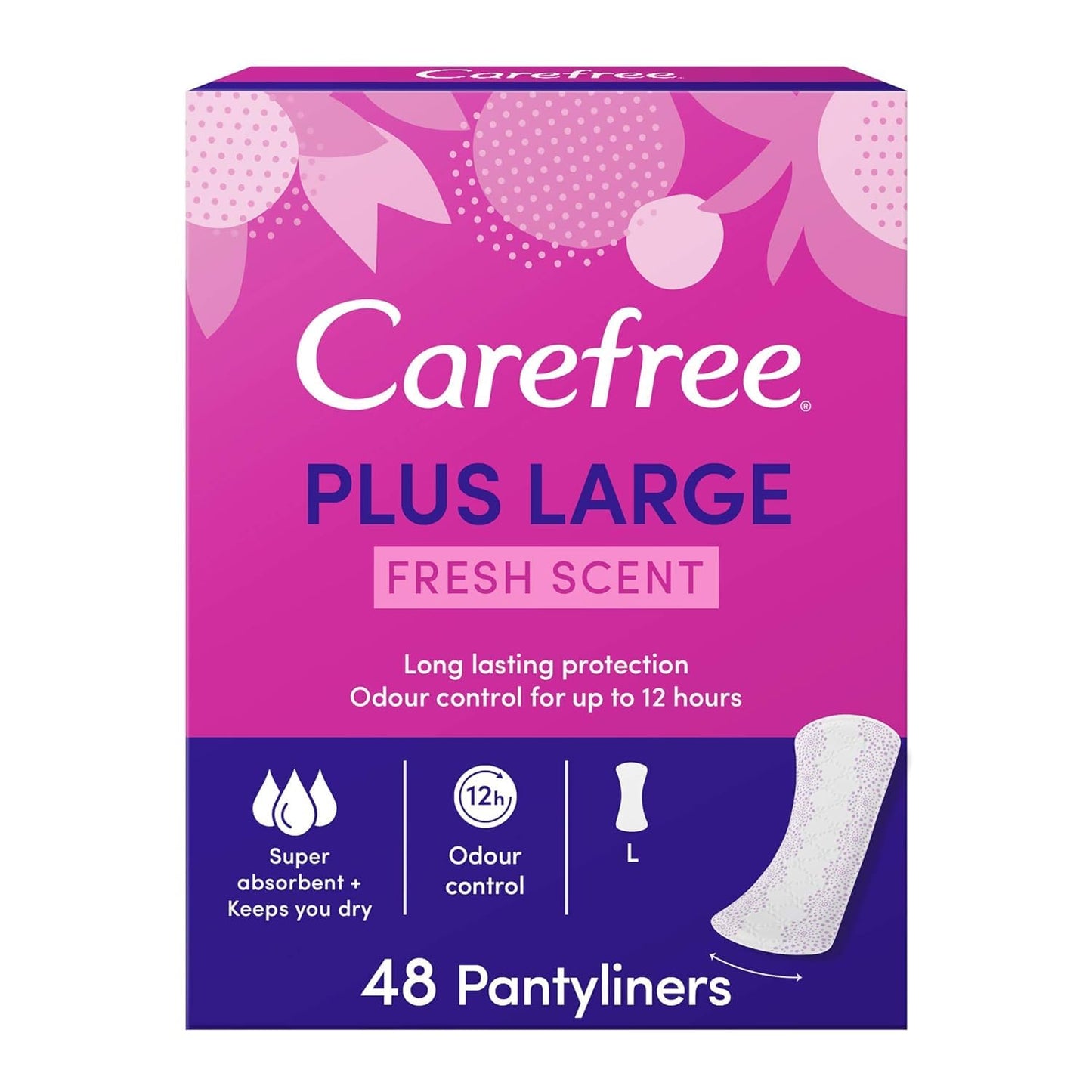 CAREFREE Pantyliners, Fresh Scent, Plus Large Size, Pack of 48, up to 100% Odor Control, Extra Protection, Super Absorbent, Breathable Material, Dermatologically Tested