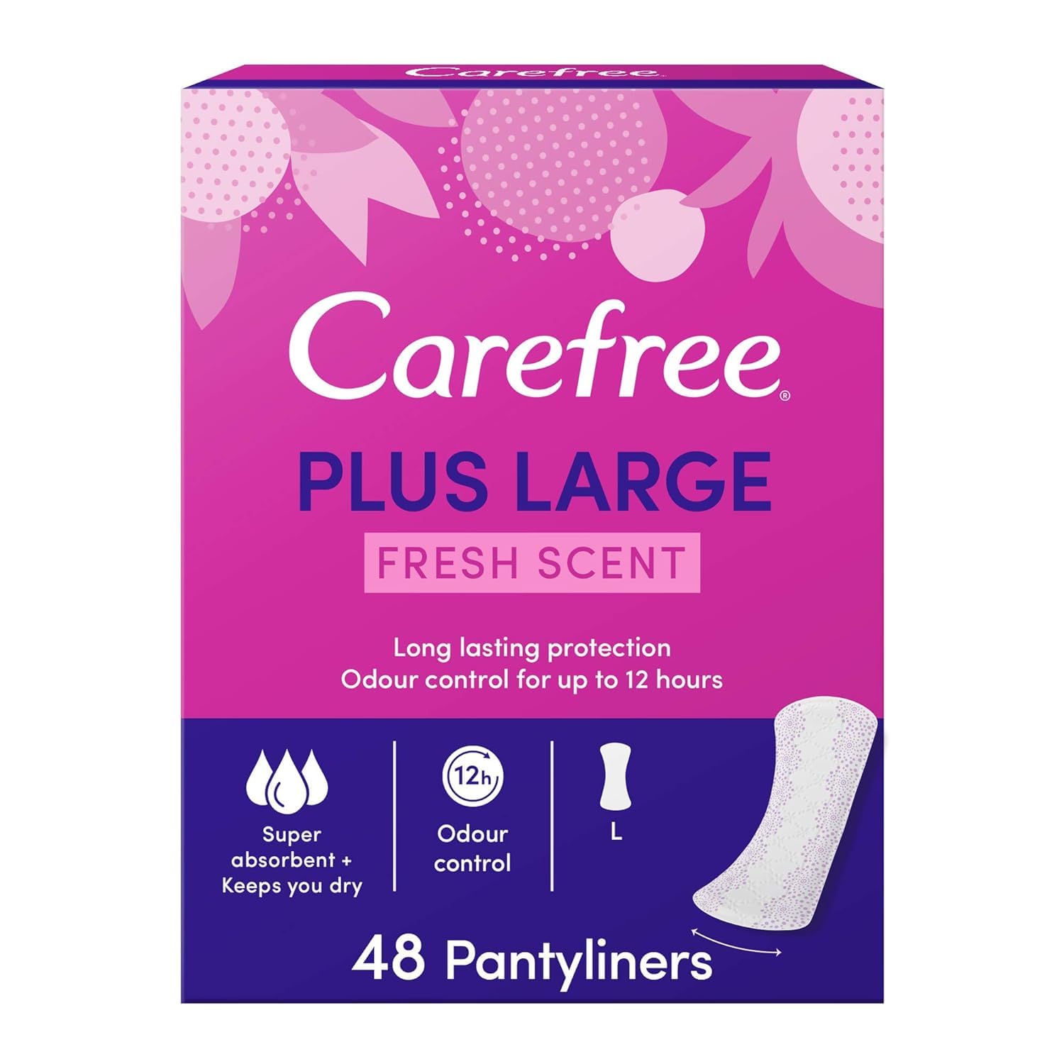 CAREFREE Pantyliners, Fresh Scent, Plus Large Size, Pack of 48, up to 100% Odor Control, Extra Protection, Super Absorbent, Breathable Material, Dermatologically Tested