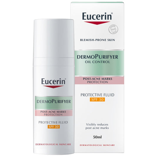 Eucerin DermoPurifyer Oil Control Protective Face Fluid for Post-Acne Marks Protection, UVA & UVB Protection, SPF 30, Daily Protection for Acne-Prone Skin, Anti-Shine, Long-Lasting Matte Finish, 50ml