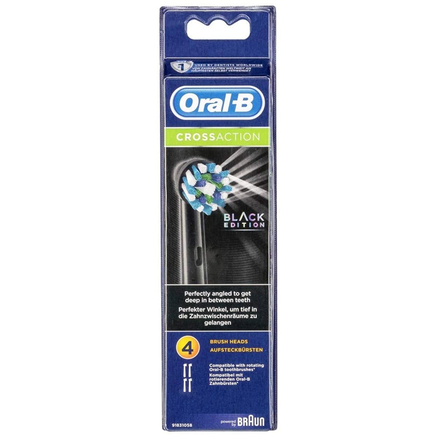 Oral-B CrossAction Black Toothbrush Heads Pack Of 4 Replacement Refills For Electric Rechargeable Toothbrush, Black Edition