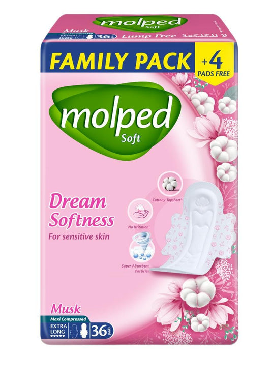 Molped Family Pack Maxi Pads, 36 Count, Extra Long, Soft Cotton-Like, Pink, With Floral Fragrance
