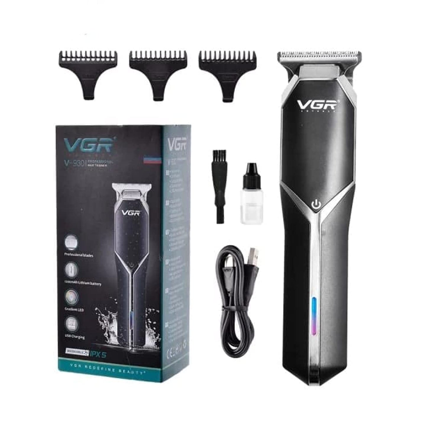 VGR V-930 Professional Cordless Rechargeable Hair Trimmer with USB Charging Cable, Gradient LED Indicator, Professional blades, 1200mAh Battery, 3 Guide Combs for men Runtime: 180 minutes, Black