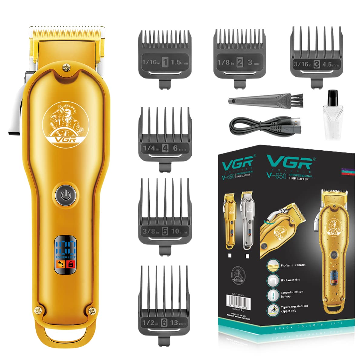 VGR V-650 Professional Hair Clipper with LED Display, Stainless Steel Blades, USB Charging cable, 6 Guide Comb, 2000 mAh Li-ion Battery (Gold)