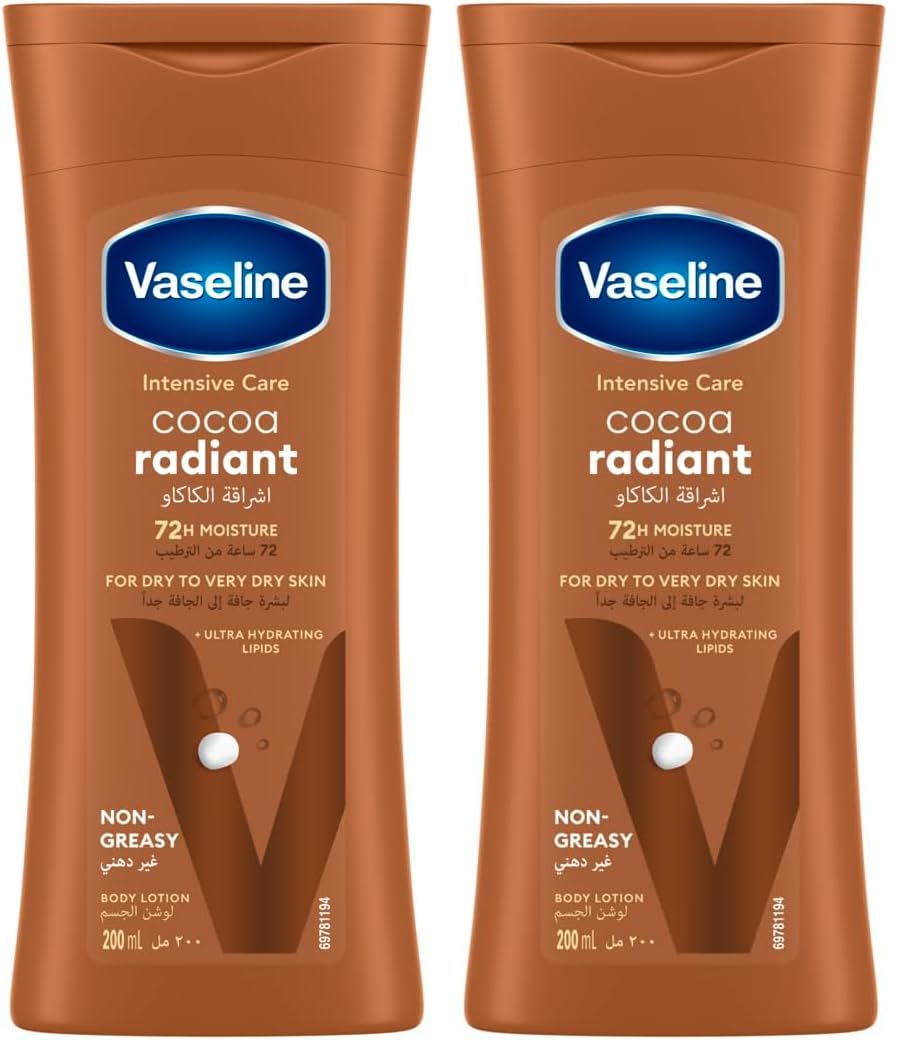 Vaseline Body Lotion intensive care cocoa radiant made with 100% pure cocoa butter for a natural glow 200ML (Pack of 2)