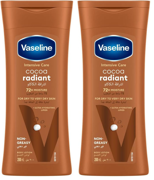 Vaseline Body Lotion intensive care cocoa radiant made with 100% pure cocoa butter for a natural glow 200ML (Pack of 2)