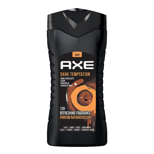 AXE Dark Temptation 3 In 1 Body, Face & Hair Wash for Men, Long-Lasting Refreshing Dark Chocolate Fragrance Natural Origin Ingredients, Removes Odor & Bacteria, Dermatologically Tested, 400ml