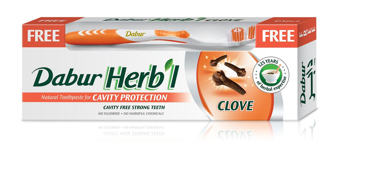 Dabur Herbal Cavity Protection Clove Toothpaste (140g) with Toothbrush | Enriched with Clove | Natural Toothpaste For Cavity Free Strong Teeth