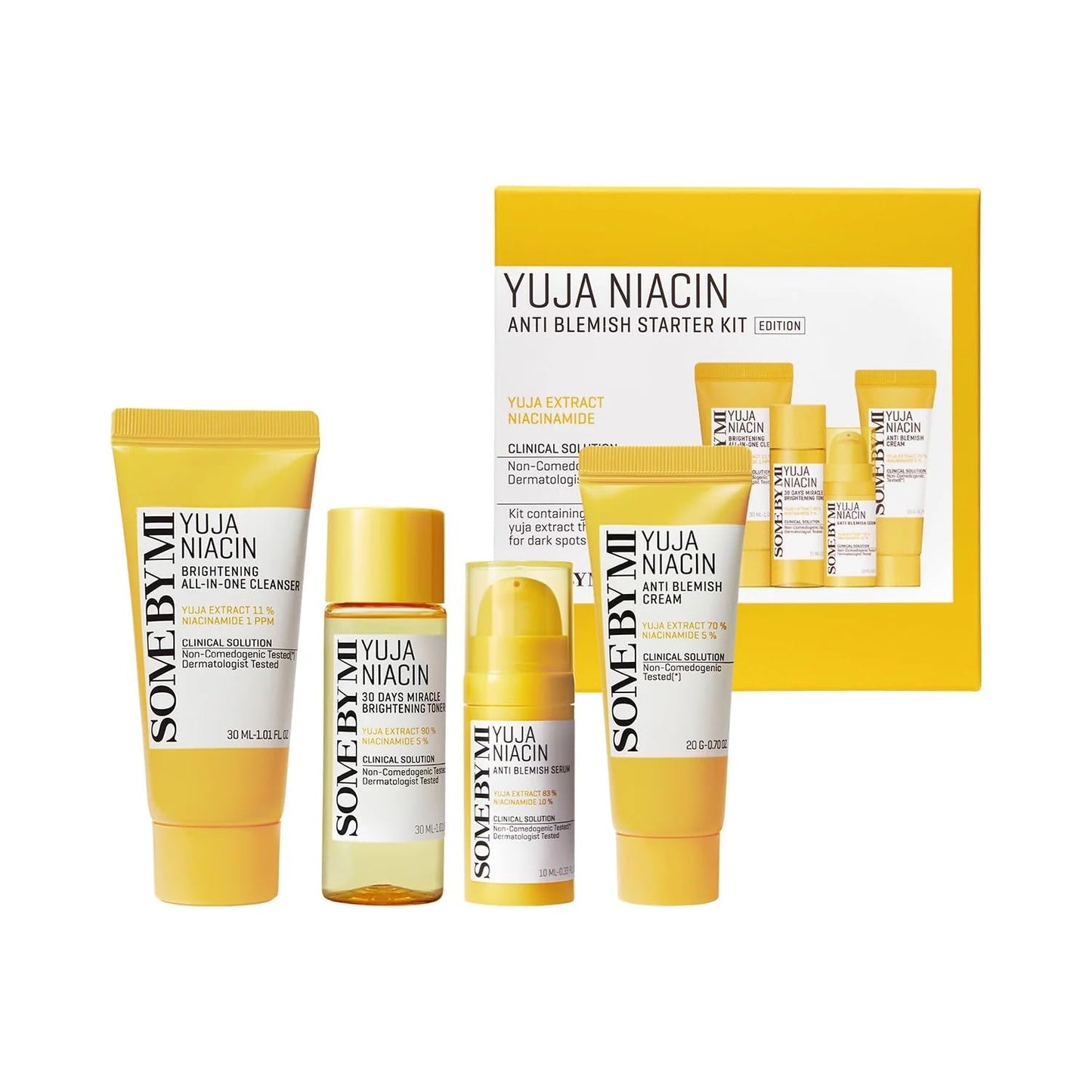SOME BY MI Yuja Niacin Anti-Blemish Starter Kit | Includes Toner 30ml + Serum 10ml + Gel Cream 30g + Sleeping Mask 20g | For Natural Brightning of Skin | Set of 4 Travel Kit
