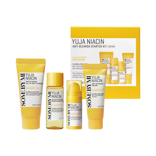 SOME BY MI Yuja Niacin Anti-Blemish Starter Kit | Includes Toner 30ml + Serum 10ml + Gel Cream 30g + Sleeping Mask 20g | For Natural Brightning of Skin | Set of 4 Travel Kit
