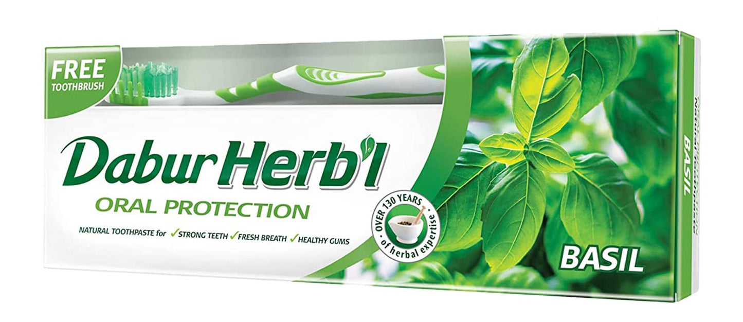Dabur Herbal Basil Natural Toothpaste (140g) with Toothbrush | Complete Oral Protection | Prevents Tooth Decay | Fights Bad Breath