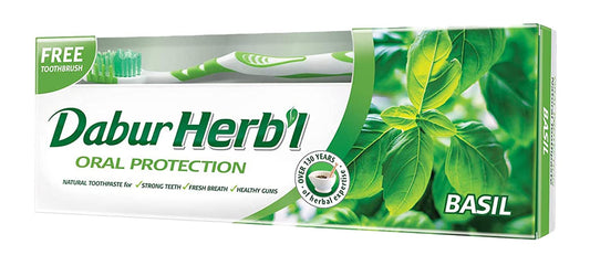 Dabur Herbal Basil Natural Toothpaste (140g) with Toothbrush | Complete Oral Protection | Prevents Tooth Decay | Fights Bad Breath