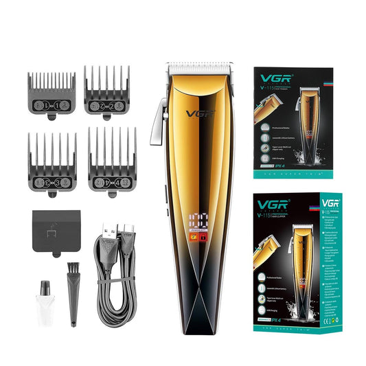 VGR V-115 Digital Display Professional Cordless Hair Clipper washable IPX-4 2000 mAh Lithium battery Turbo function USB charging cable 4 adjustable Taper Lever 4 attachable Guide combs Runtime 200 min