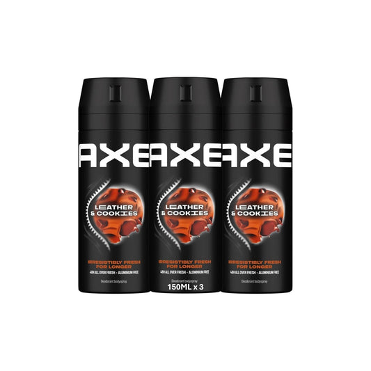 AXE body spray deodorant for long lasting odour protection, leather & cookies, for 48 hours irresistible fragrance, 150.0 milligrams, 3.0 count, 3
