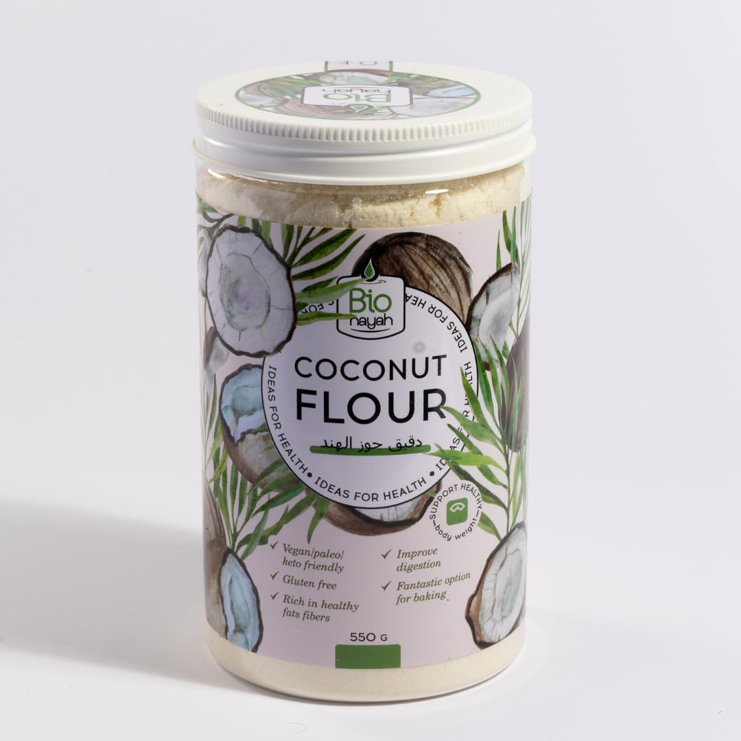 Biohayah Organic Coconut Flour – 100% Natural Gluten-Free Flour – Low Fat & High Fiber – Keto, Paleo & Vegan Friendly – Non-GMO & Unrefined – 550g