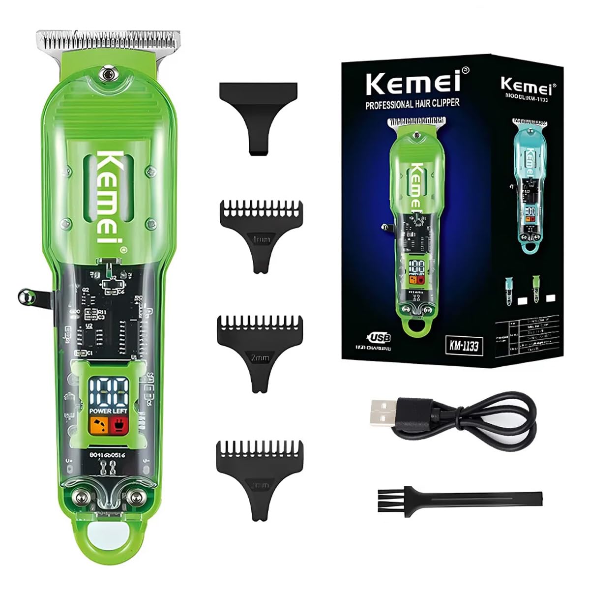 KEMEI Professional Hair Shaver & Clipper, Professional Hair cut at Home, Evenly and Effortlessly - 600mAh Battery, 3 Limit Combs, Lightweight and Easy to Use, KM-1133, (Green)