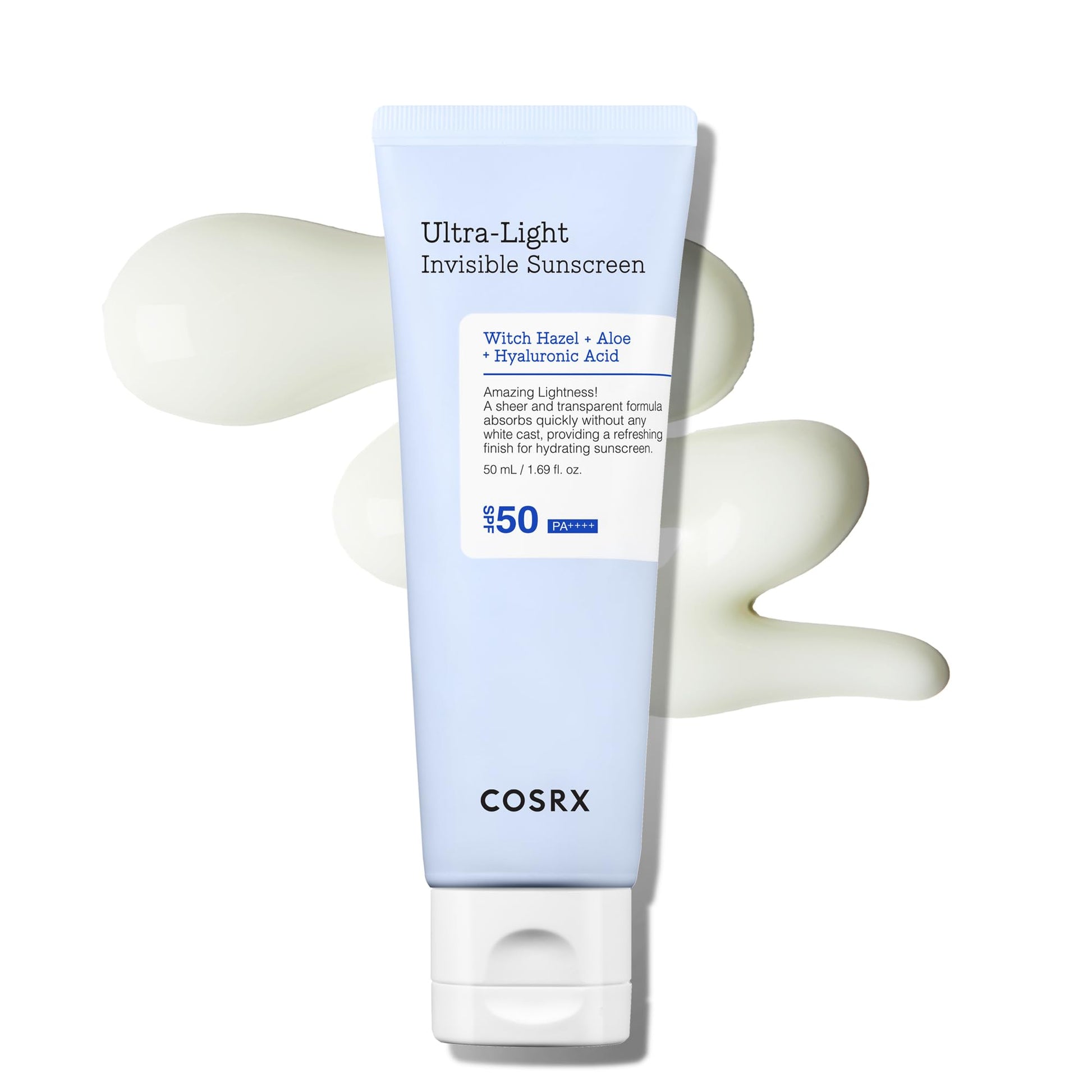 COSRX Ultra-Light Invisible Sunscreen | Spf50 Pa++++, No White Cast, Lightweight & Fast-Absorbing, Uv Protection, Hydration Boost Sunscreen For Sun-Damaged, Dry Skin. Aloe And Witch Hazel Leaf Water