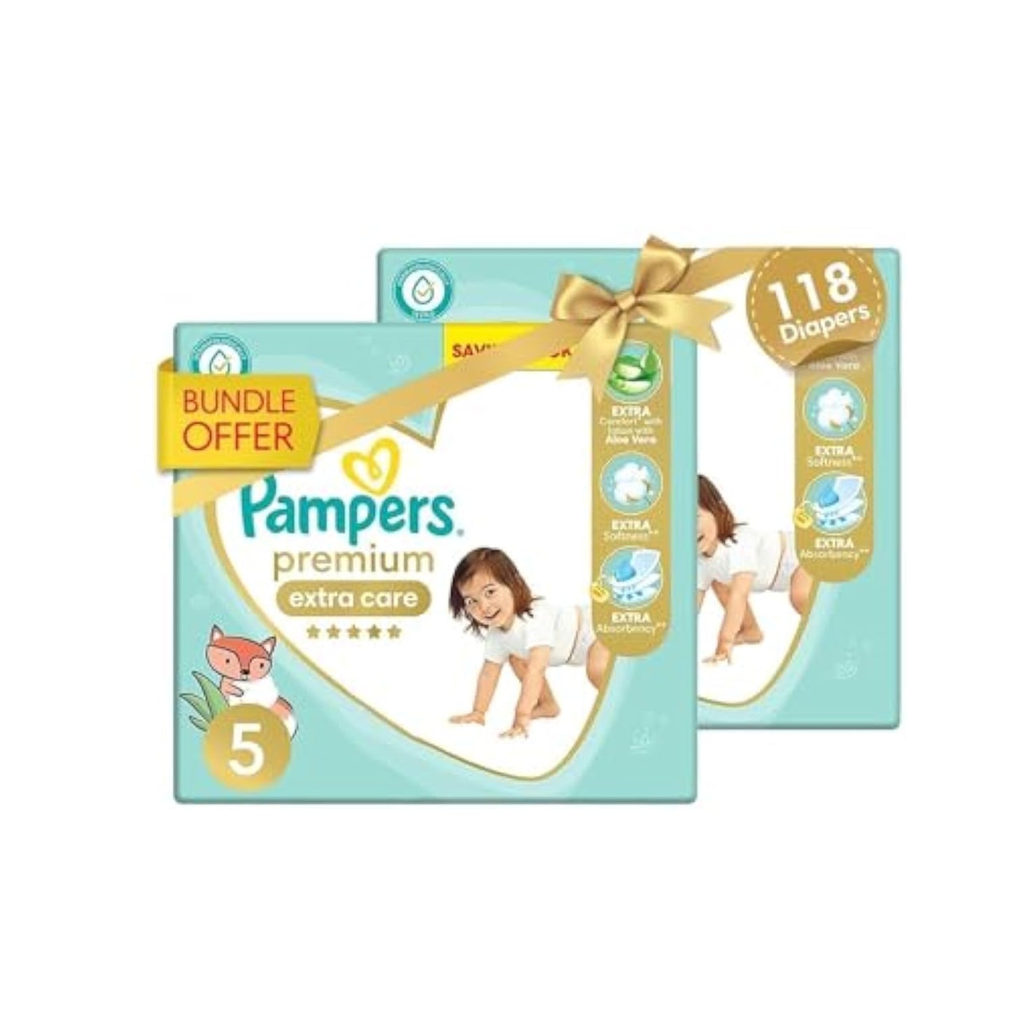 Pampers Premium Extra Care Diapers, Size 5, 11-25 kg, with lotion with aloe vera 118 Baby Diapers Bundle of 2