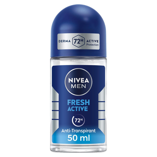 NIVEA MEN Fresh Active, Antibacterial Deodorant Roll-On 50ml for Men, 72H Protection, with Infini Fresh Formula, Long-Lasting Freshness