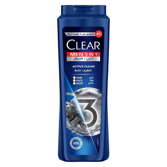 CLEAR Men 3in1 Shampoo for men, anti dandruff shampoo for Hair, Face & Body, Active Clean, 100% dandruff-free scalp, refreshed & moisturized skin, 550ML