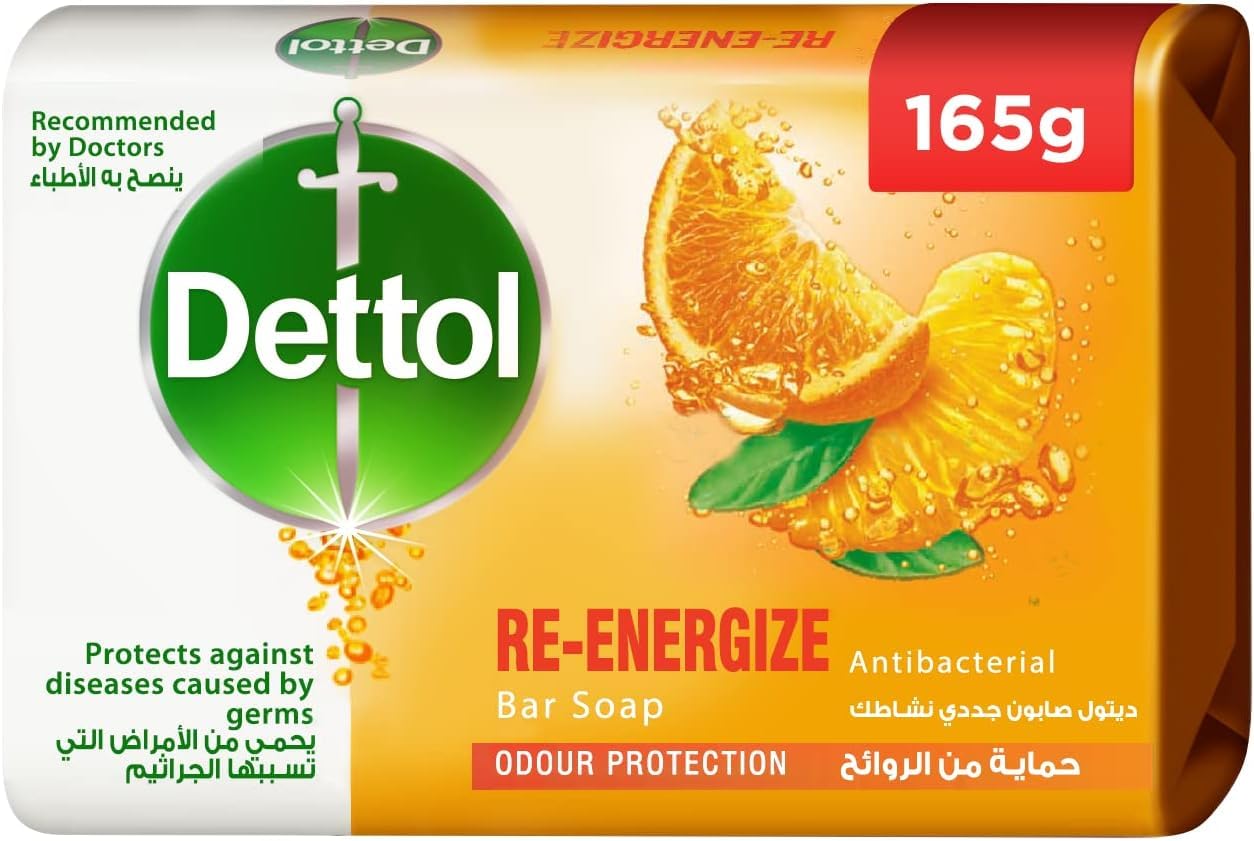 Dettol re-energize anti-bacterial bathing soap bar for effective germ protection & personal hygiene (protects against 100 illness causing germs), honey & shea butter fragrance, 165 gram