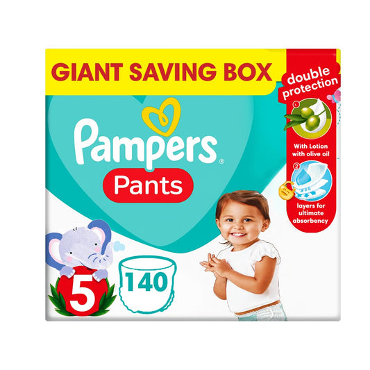Pampers Baby Dry Pants Diapers Case, size 5, 12 - 18 kg, with Lotion with Olive Oil, 140 baby Diapers