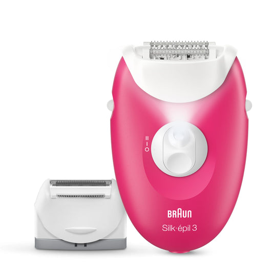 Braun Silk-épil 3 SE 3-032 Epilator, Removes Even Short Hairs From The Root, 20 MicroGrip Tweezers, Non-Stop Corded Epilator, Smart Light, Bikini Styler, Shaver Head, Trimmer Cap Included - Pink