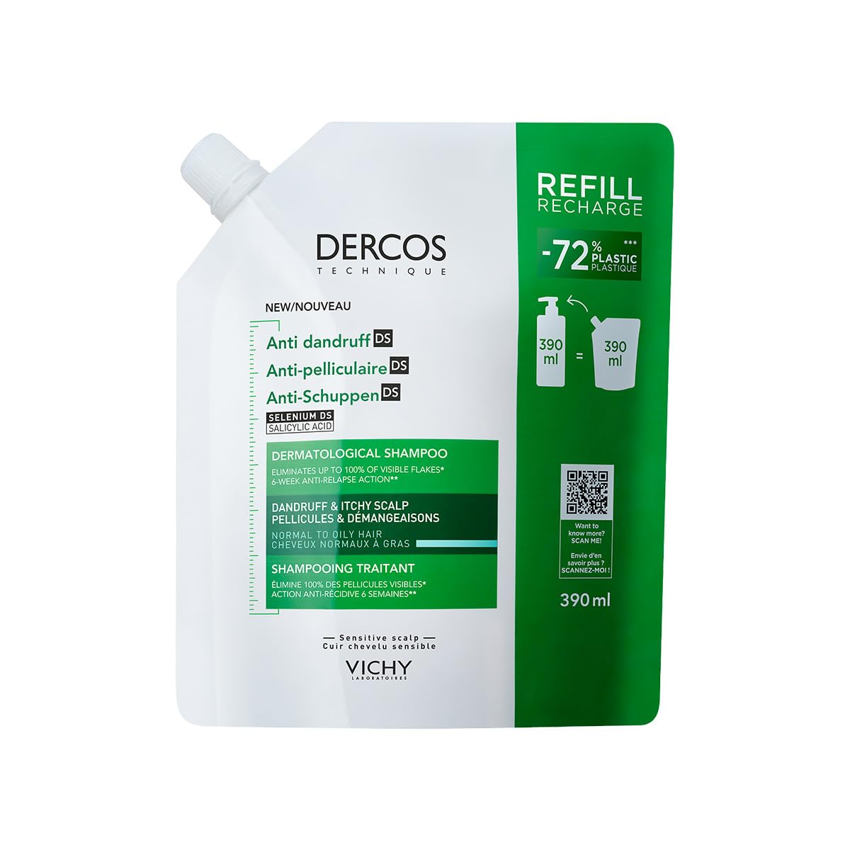 VICHY Dercos Anti-Dandruff Dermatological Shampoo for Normal to Oily Hair, 390 ml Refill Pouch