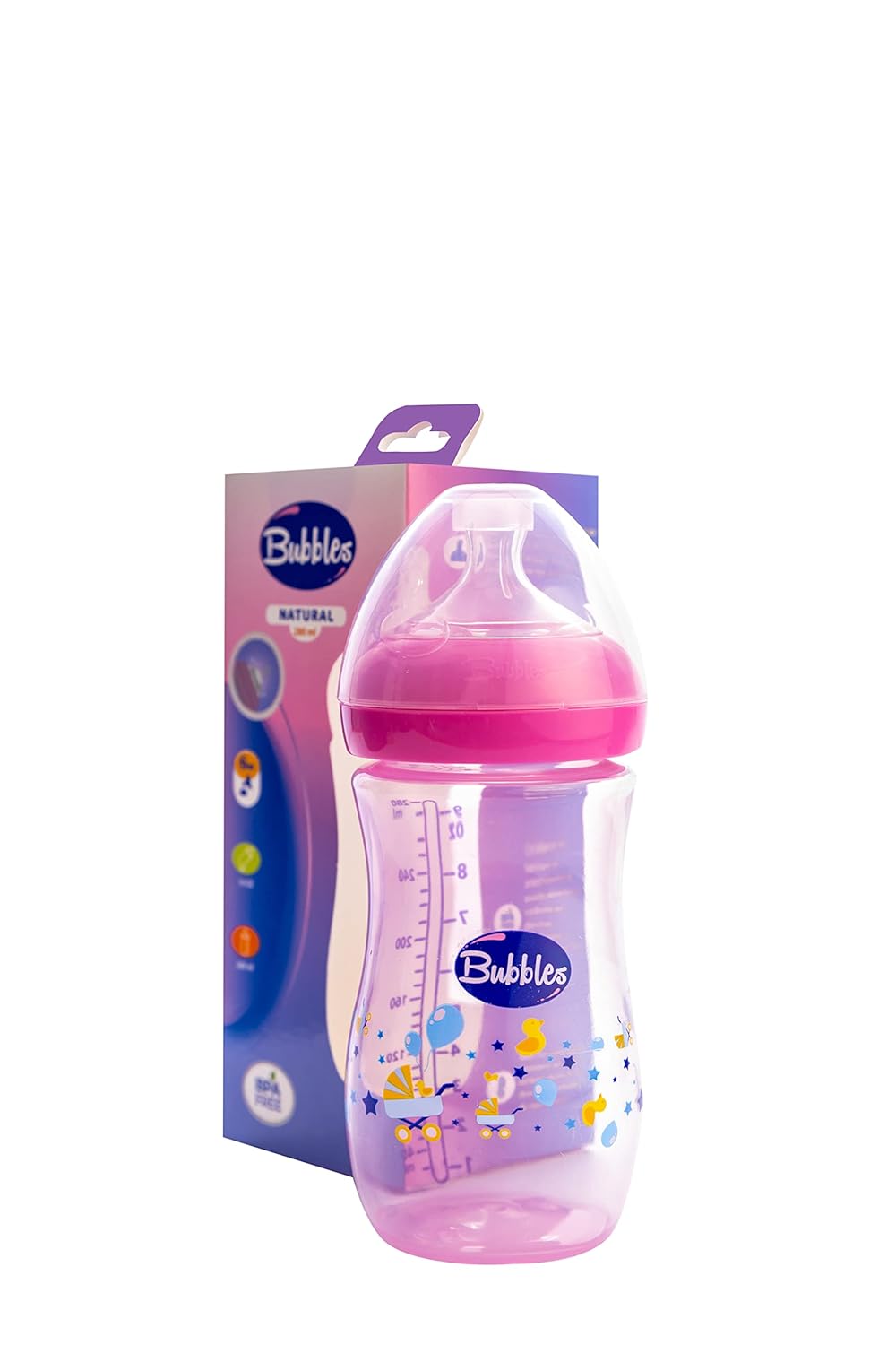 Bubbles natural feeding bottle without hand 280 ml - rose