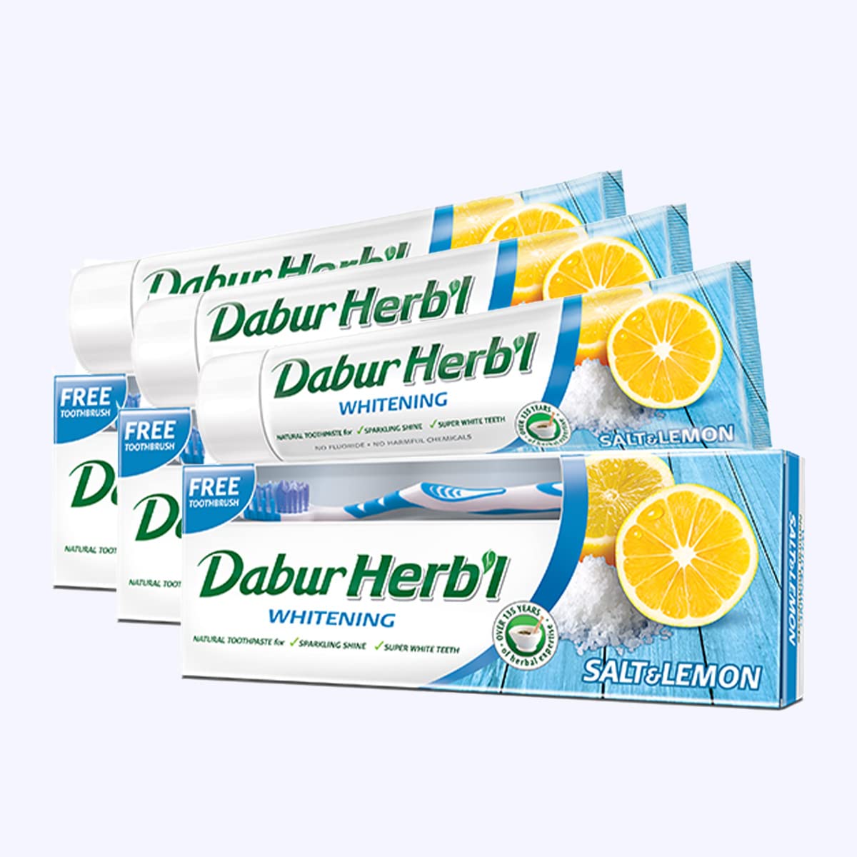 Dabur Herbal Whitening Natural Toothpaste (3 x 150g + Toothbrush) | Enriched With Salt and Lemon | For Sparkling Shine & Super White Teeth | Value Pack