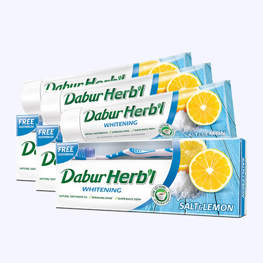 Dabur Herbal Whitening Natural Toothpaste (3 x 150g + Toothbrush) | Enriched With Salt and Lemon | For Sparkling Shine & Super White Teeth | Value Pack