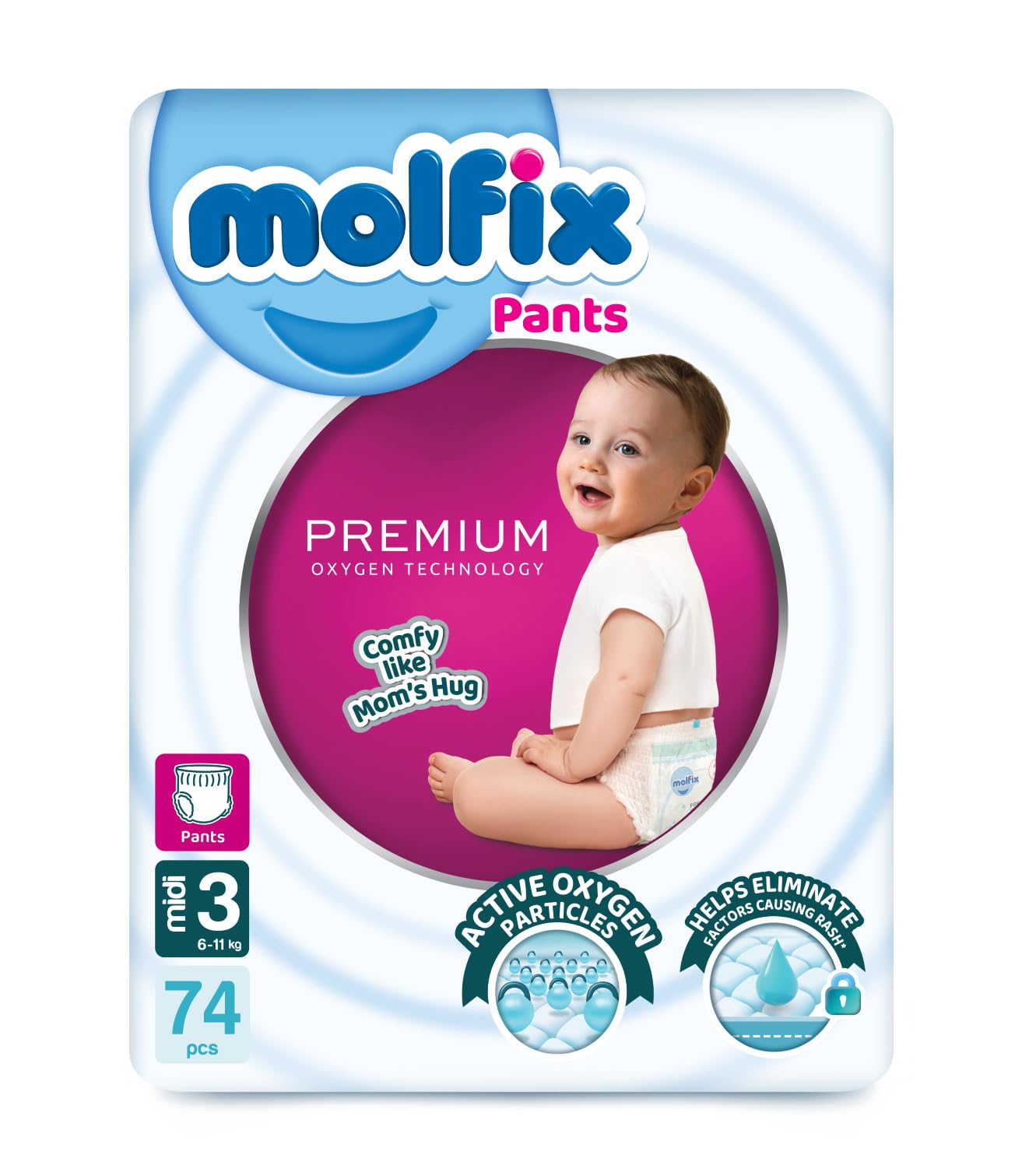 Molfix Baby Diapers Pants Size 3, Mega Pack, 6-11 KG, 74 Units, Molfix Premium Oxygen Pants Diapers, Size 3, 6-11 KG, Mega 74 count, Cotton Material