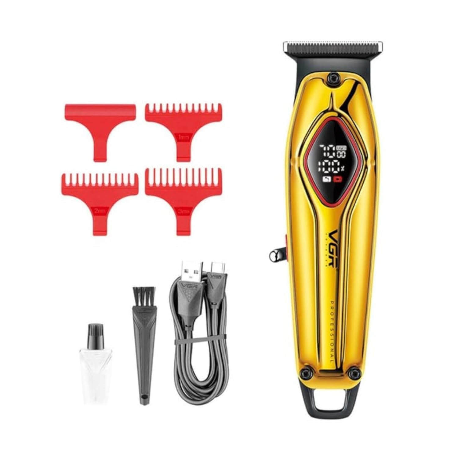 VGR V-945 Professional Metal Body Digital Display 7000RPM Ceramic & Powder Metallurgic blade Pro Li Outliner Electric Cordless Clipper Grooming Kit T-Blade Close Cutting 0mm Bald Head 180 min, GOLD