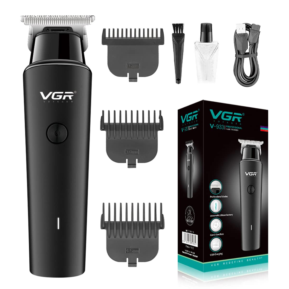 VGR V-933 Professional Cordless Rechargeable Hair Trimmer with 2000mAh Lithium battery, USB Charging Cable, Precision blade, On/Off Button, 3 Guide Combs for men Runtime: 500 minutes, Black
