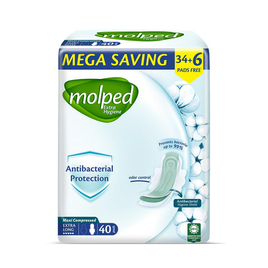 Molped Extra Hygeine Sanitary Pad, Extra Long, Family Pack 40 Units, Cotton Material, Maxi Compressed , Unscented for Heavy Flow