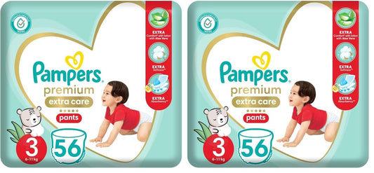 Pampers Premium Extra Care Pants, Size 3, 6-11kg, with lotion with aloe vera, 56 diapers. (Pack may vary) (Pack of 2)
