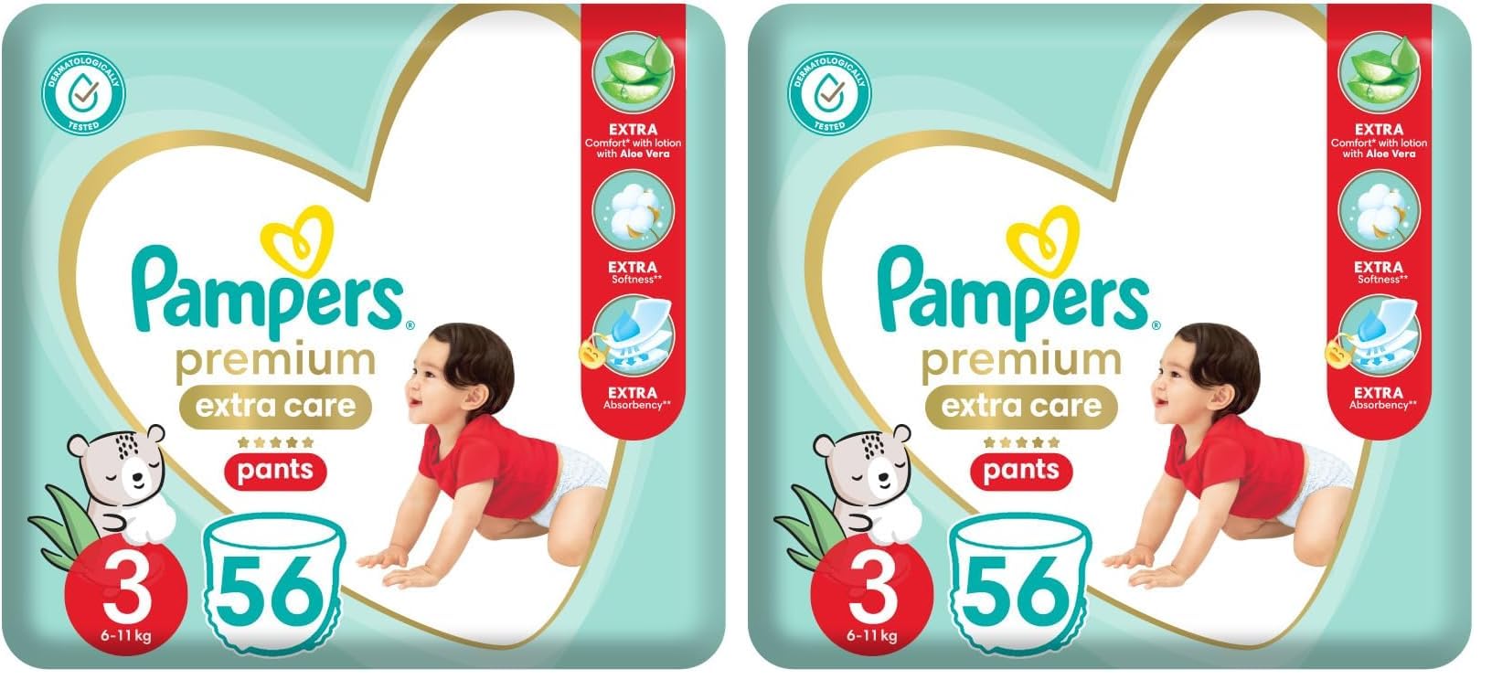 Pampers Premium Extra Care Pants, Size 3, 6-11kg, with lotion with aloe vera, 56 diapers. (Pack may vary) (Pack of 2)
