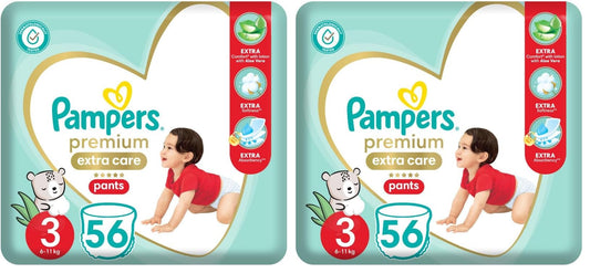 Pampers Premium Extra Care Pants, Size 3, 6-11kg, with lotion with aloe vera, 56 diapers. (Pack may vary) (Pack of 2)