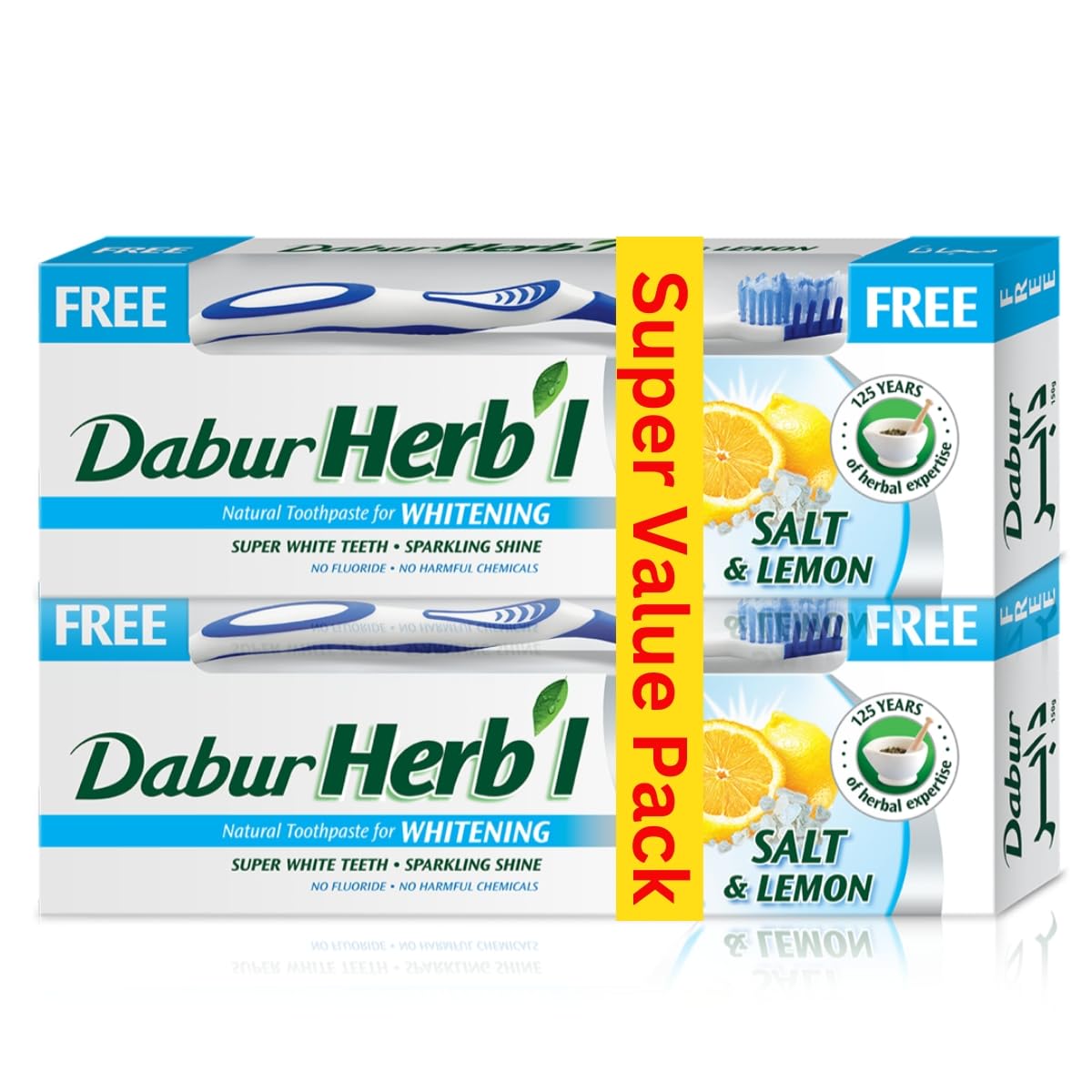 Dabur Herbal Salt & Lemon Natural Toothpaste - 140g + Toothbrush (Pack of 2) | For Whitening & Sparkling Shine | No Harmful Chemicals