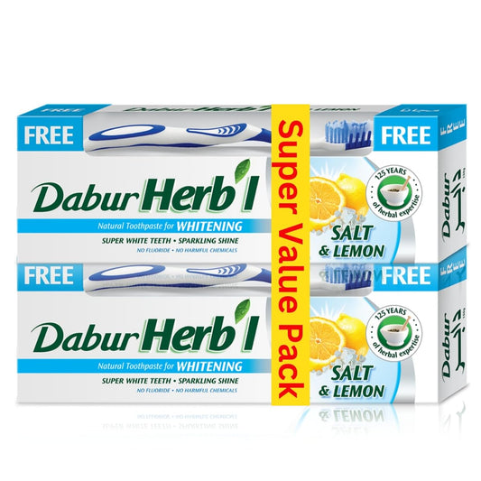 Dabur Herbal Salt & Lemon Natural Toothpaste - 140g + Toothbrush (Pack of 2) | For Whitening & Sparkling Shine | No Harmful Chemicals