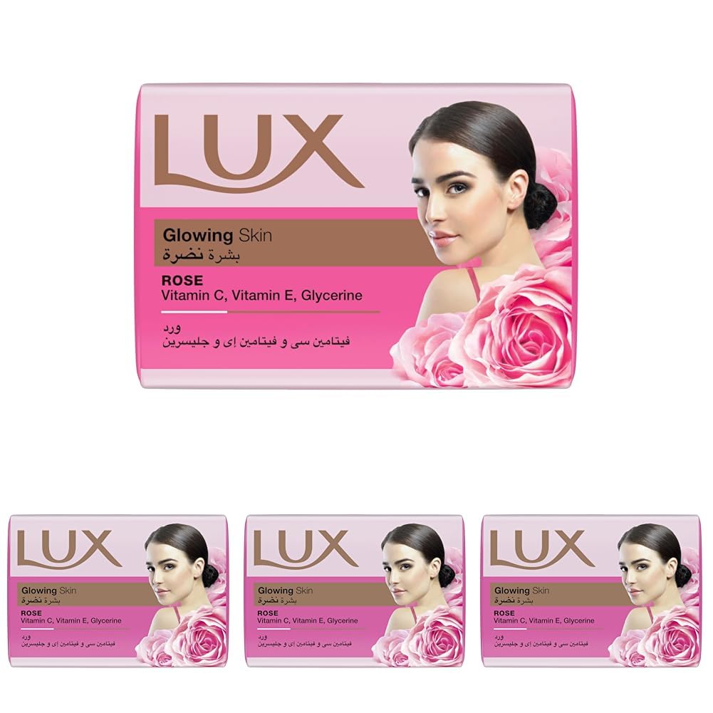 LUX Bar Soap Glowing Skin with rose, with Vitamin C, E & Glycerin, for perfumed and glowing skin, 165G (Pack of 4)