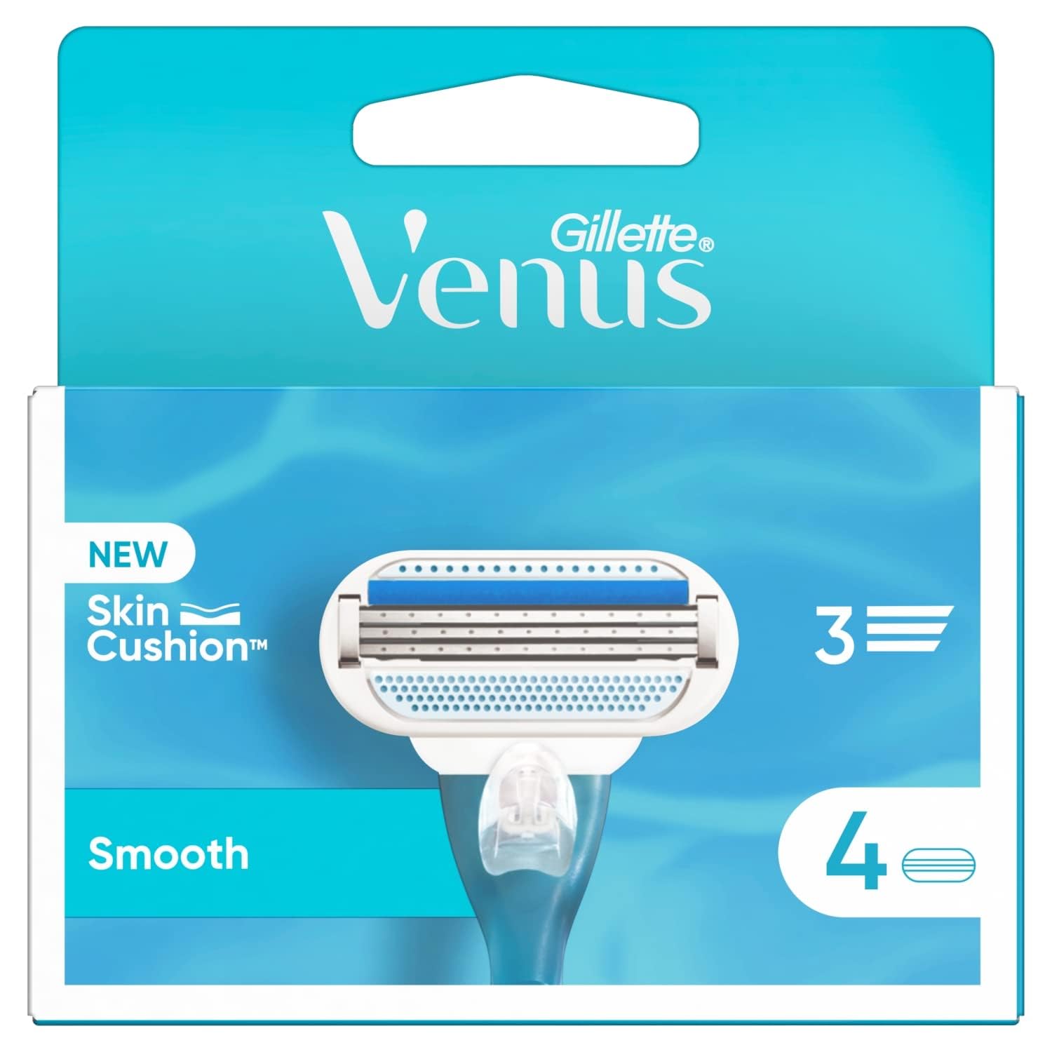 Gillette Venus Smooth Razor Blade Refills, 4-Pack, 3-Blade, Aloe Lubrastrip, Indicator Strip, For Women